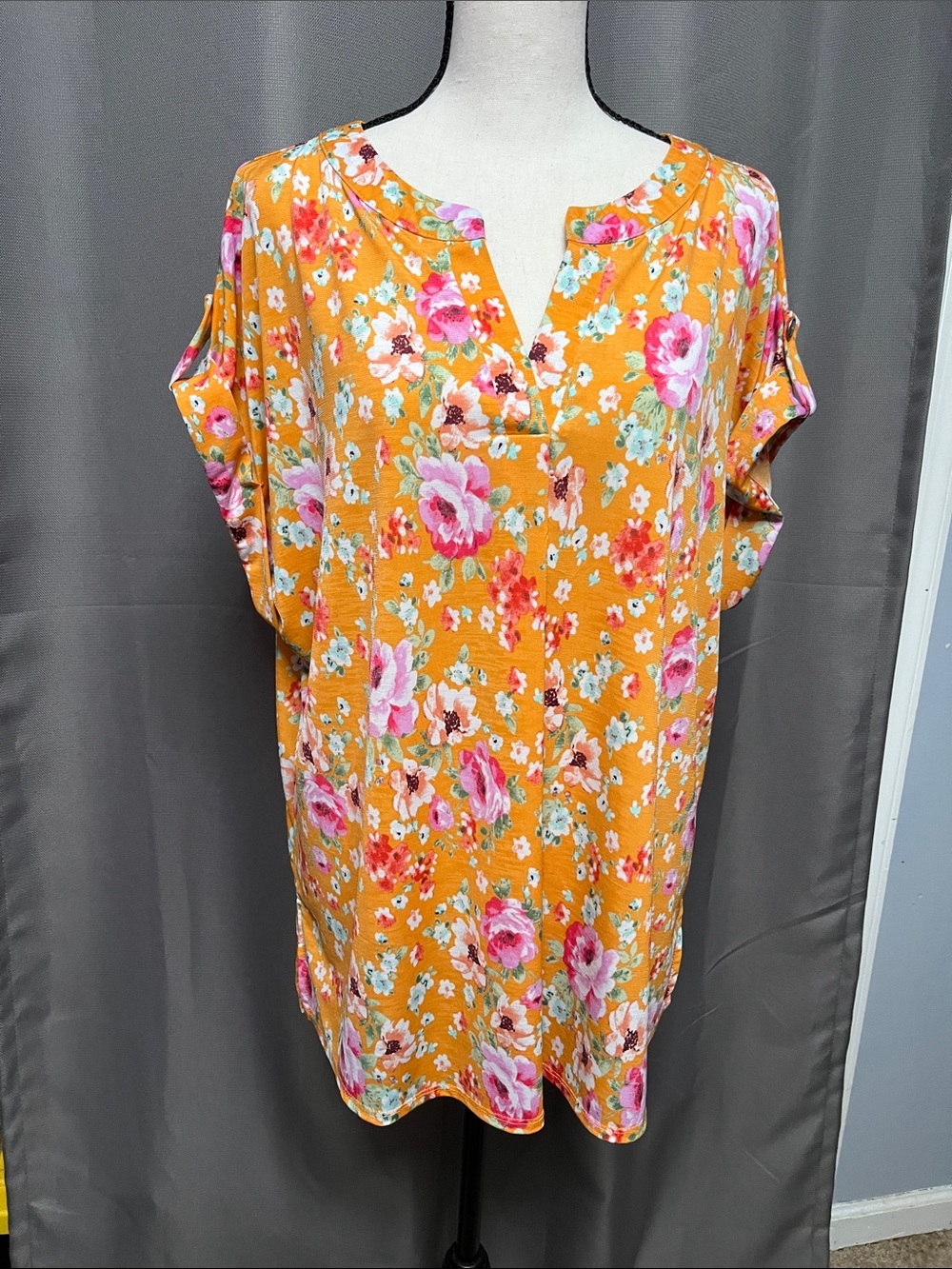Sleeveless Mustard Floral Tunic with Notch Neck